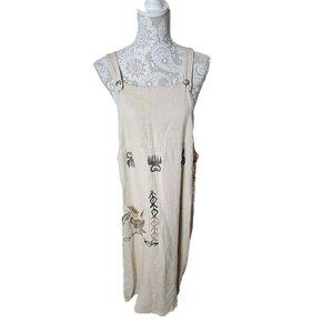 Blue Cactus Dress Jumper Overall Vintage Linen Beige Lagenlook Women's Medium